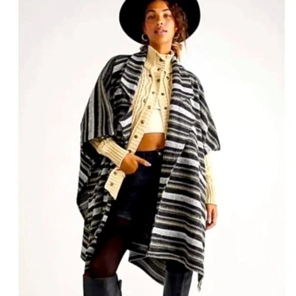 free people jackson stripe oversized poncho gray black boho woven cardigan